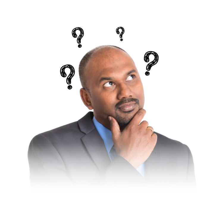 Thinking man with question marks