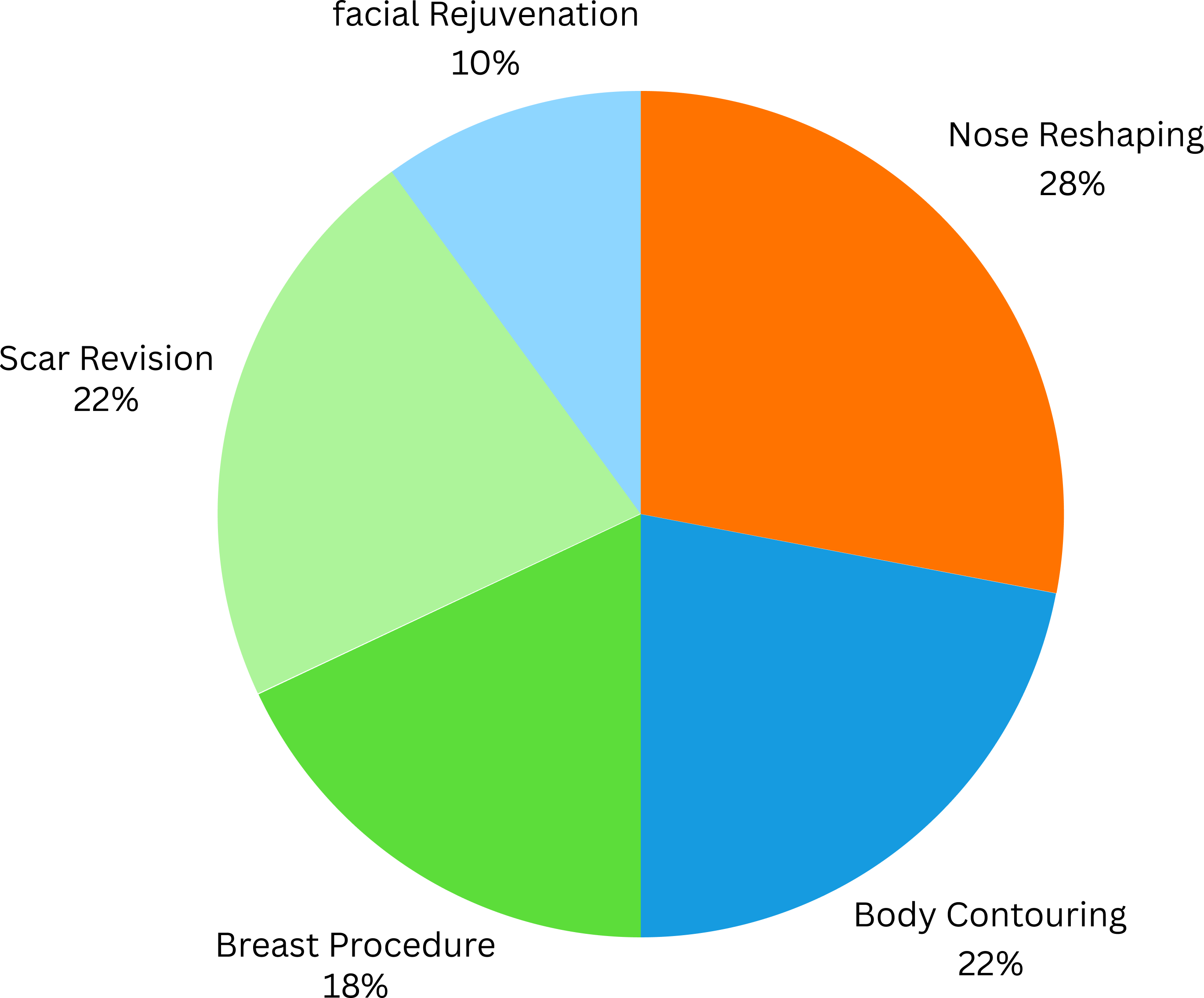 Pie chart titled 'What Our Patients Choose Most' displaying percentages for plastic surgery procedures: Nose Reshaping (28%), Body Contouring (22%), Breast Procedure (18%), Scar Revision (22%), and Facial Rejuvenation (10%). Keywords: patient preferences, plastic surgery statistics, procedure popularity.
