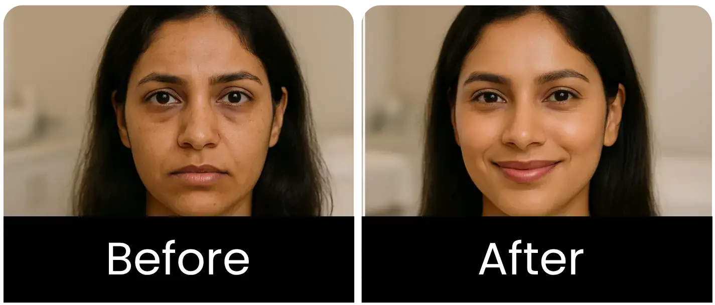 Before and after skin treatment results showing melasma improvement at Minerva Clinic Lucknow