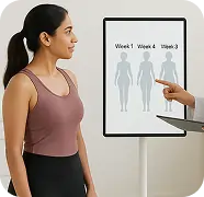 An icon of a woman looking at her reflection in a mirror, representing recovery guidance and seeing liposuction results.
