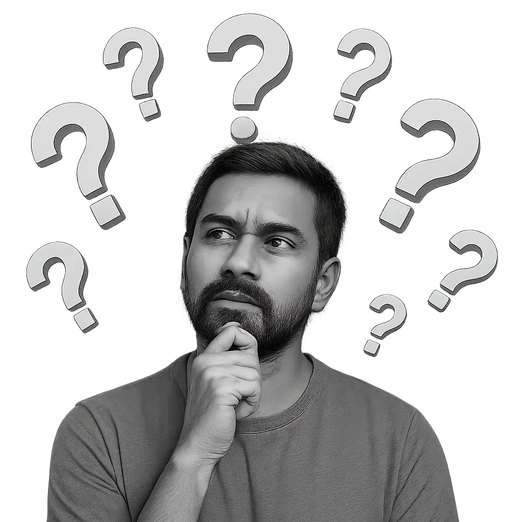 Confused man thinking with multiple question marks around his head, representing common doubts or frequently asked questions about face treatments.