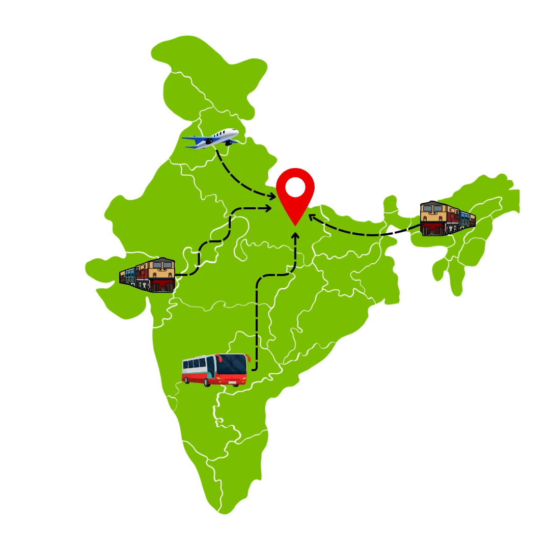 Map of India with red location pin and transportation icons including trains and buses going towards lucknow