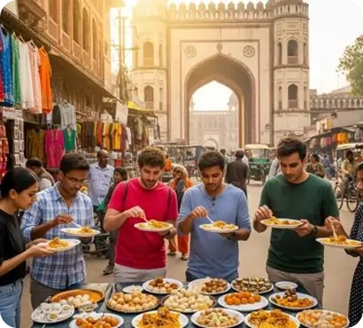 People enjoying local street food in Lucknow, showcasing the cultural experience during a recovery stay.