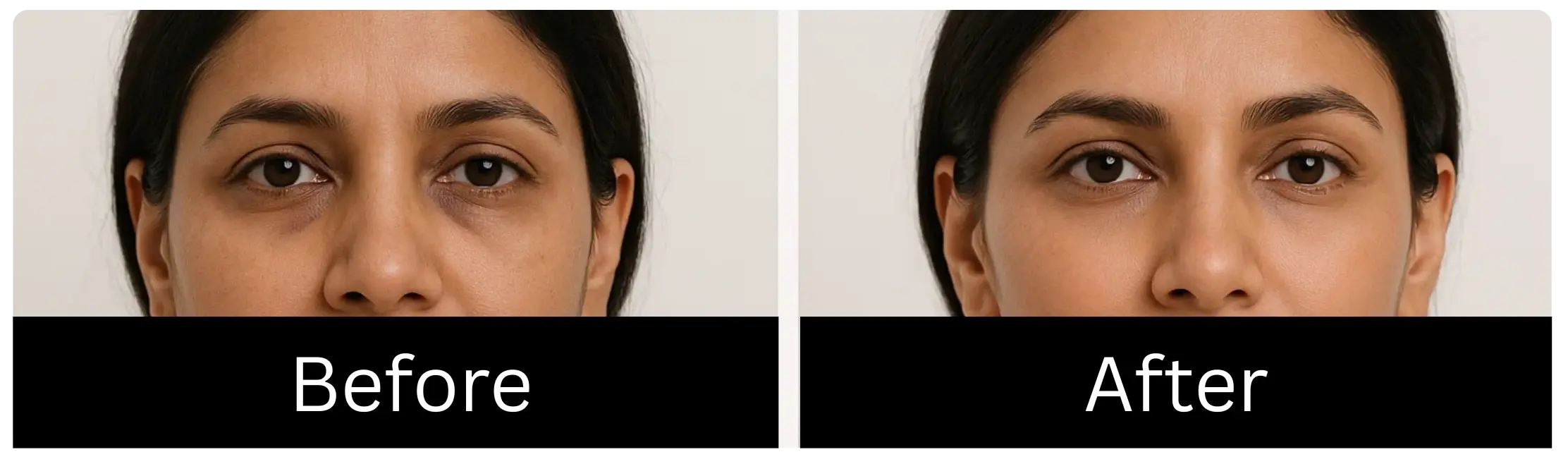 Before and after comparison of a woman’s face showing reduced dark circles and smoother under-eye area after treatment.