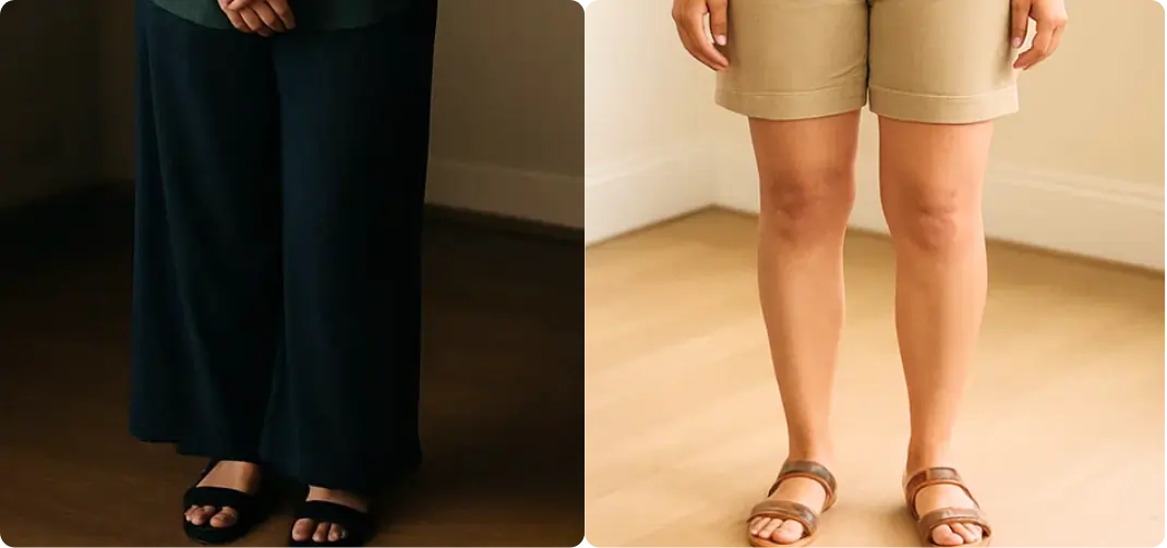 Legs before/after treatment, with patient testimonial. Keywords: spider veins, treatment results, Kisan Range.