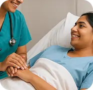 An icon depicting a patient lying in a bed, signifying safe surgery and caring support during liposuction.