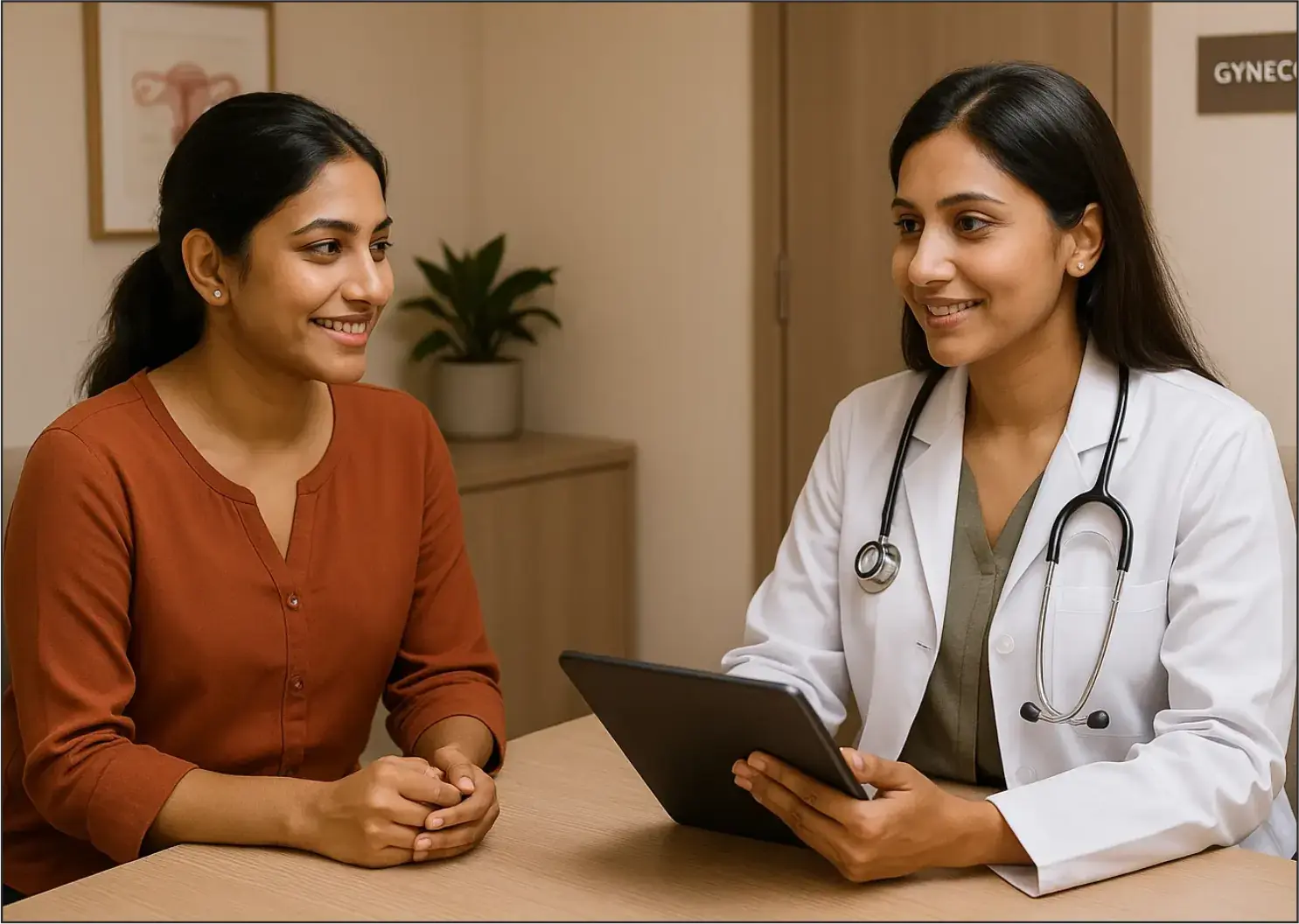 A female doctor of South Asian descent, wearing a white lab coat and holding a tablet, smiles as she consults with a female patient in a clinic setting. The patient, also of South Asian descent, smiles back at the doctor from across a desk. In the background, an anatomical chart and a sign for the gynecology department are visible.