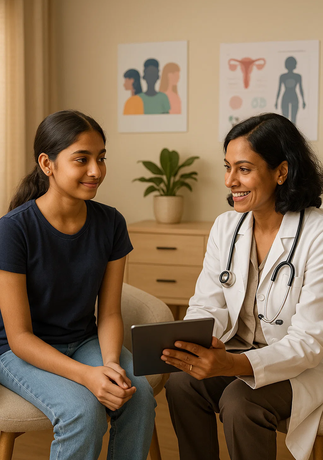 A female doctor of South Asian descent, wearing a white lab coat and a stethoscope, smiles while showing a tablet to a young female patient, also of South Asian descent. The patient is seated and looking attentively at the doctor during their consultation in what appears to be a clinic or office.